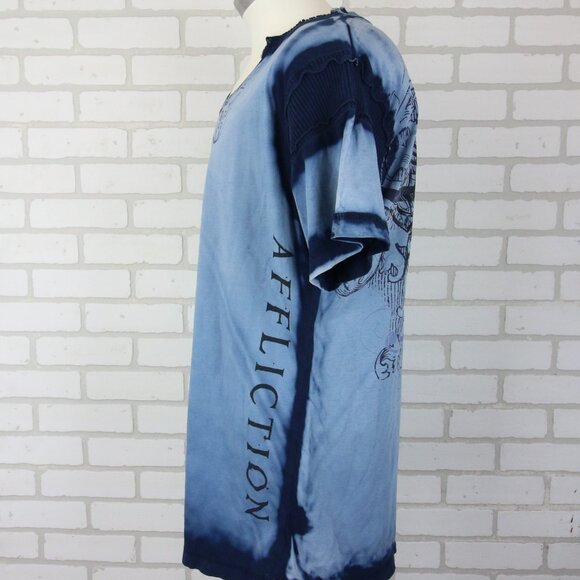 Affliction T-Shirt XL Blue Dye V Neck Ribbed Felt Detail Cross Cyber Goth Grunge - Picture 5 of 16